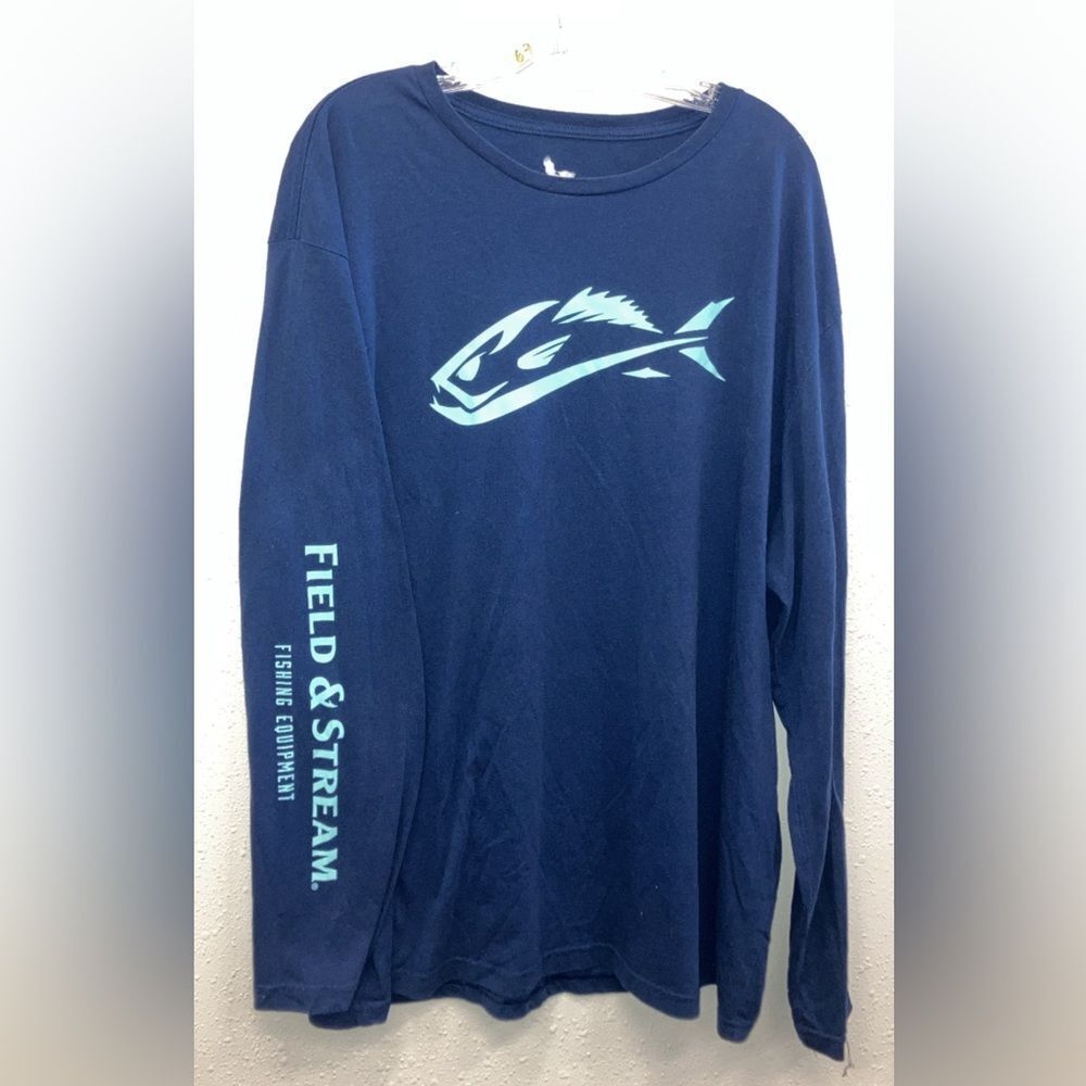 Field & Stream Navy Fish Graphic Long Sleeve Logo Down Arm 2XL #743
